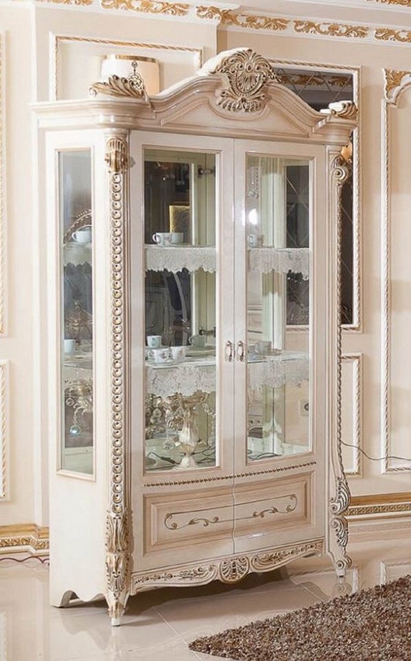 Casa Padrino Vitrine Casa Padrino Luxus Barock Vitrine Weiß / Beige / Gold - Barockstil Vitrinenschrank mit 2 Glastüren - Luxus Esszimmer Möbel im Barockstil - Barock Esszimmer Möbel von Casa Padrino