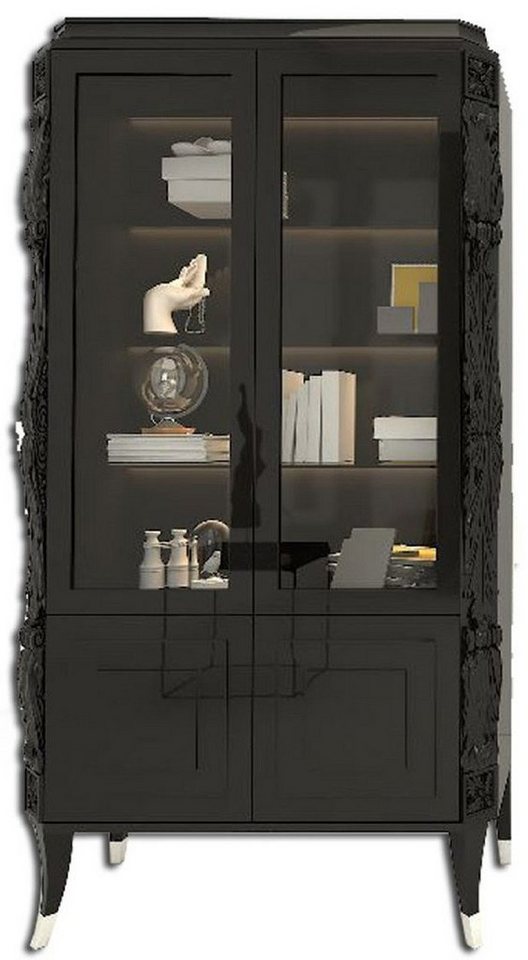 Casa Padrino Vitrine Luxus Art Deco Vitrine Schwarz / Silber - Handgefertigter Massivholz Vitrinenschrank - Art Deco Wohnzimmer Möbel von Casa Padrino