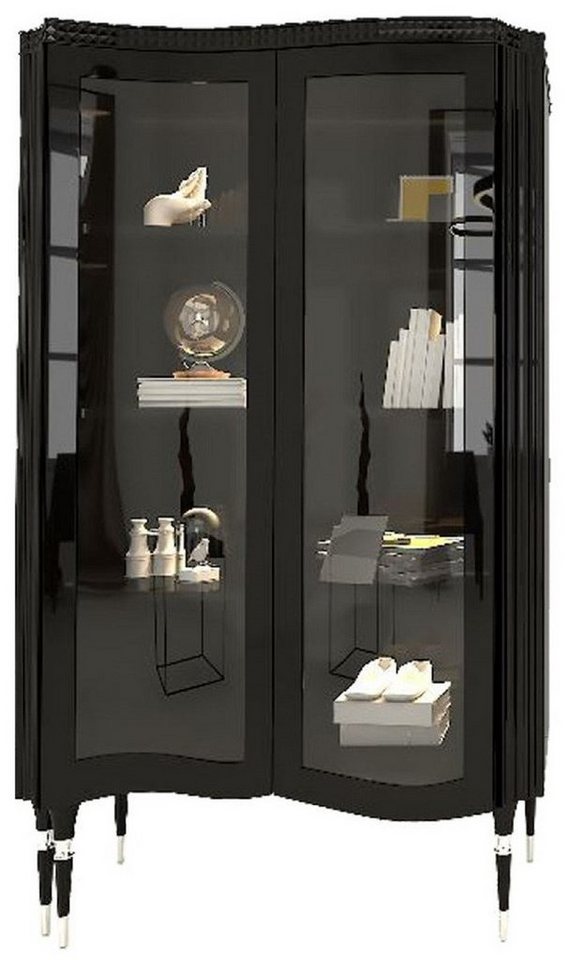 Casa Padrino Vitrine Luxus Art Deco Vitrine Schwarz / Silber - Handgefertigter Massivholz Vitrinenschrank mit 2 Glastüren - Art Deco Wohnzimmer Möbel von Casa Padrino