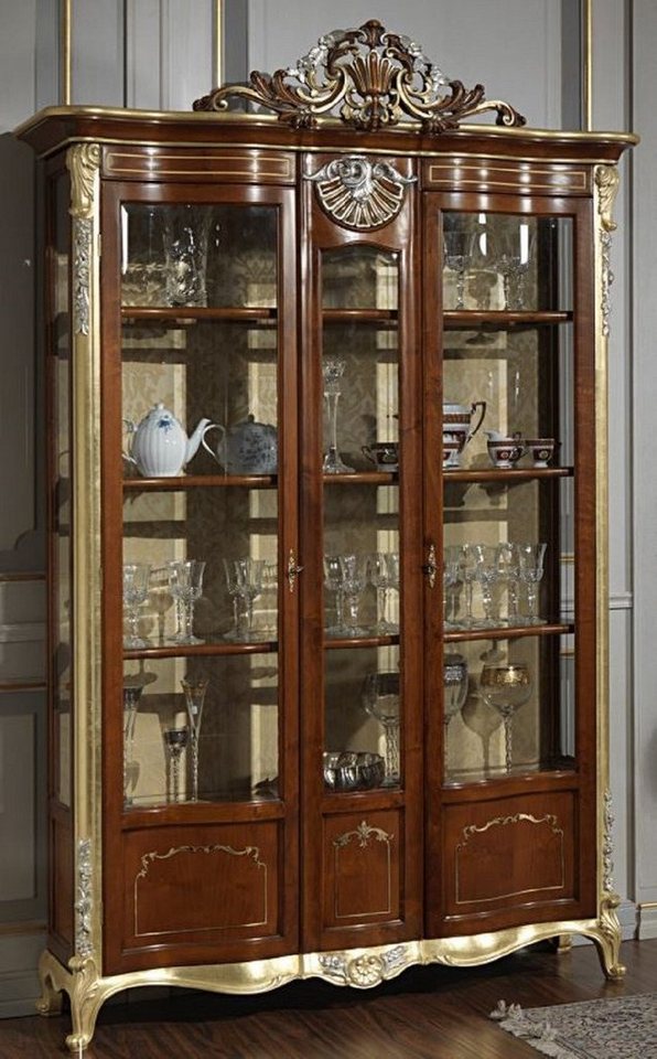 Casa Padrino Vitrine Luxus Barock Vitrine Braun / Gold / Silber - Edler Massivholz Vitrinenschrank mit 2 Türen - Hotel Möbel - Schloss Möbel - Luxus Qualität - Made in Italy von Casa Padrino