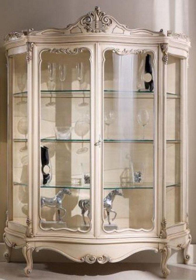 Casa Padrino Vitrine Luxus Barock Vitrine Creme / Silber 146 x 50 x H. 190 cm - Prunkvoller Barock Vitrinenschrank mit 2 Glastüren - Barock Wohnzimmer Möbel von Casa Padrino