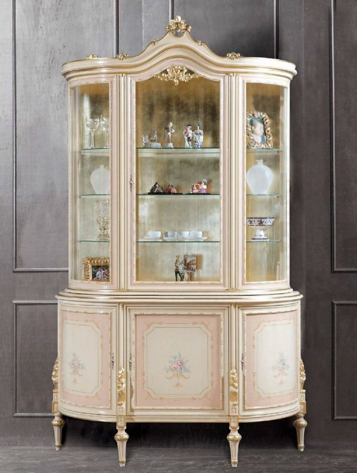 Casa Padrino Vitrine Luxus Barock Vitrine Cremefarben / Rosa / Mehrfarbig / Gold - Handgefertigter Vitrinenschrank mit 4 Türen - Prunkvolle Barock Möbel - Luxus Qualität - Made in Italy von Casa Padrino