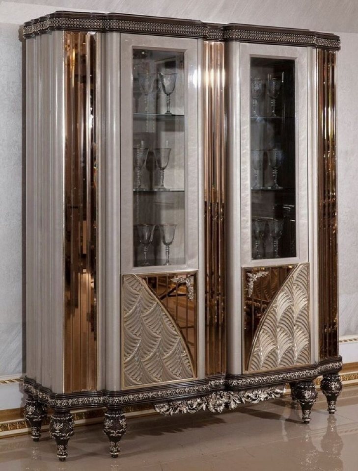 Casa Padrino Vitrine Luxus Barock Vitrine Grau / Schwarz / Silber / Gold - Prunkvoller Massivholz Vitrinenschrank mit 2 Glastüren - Barock Möbel - Edel & Prunkvoll von Casa Padrino