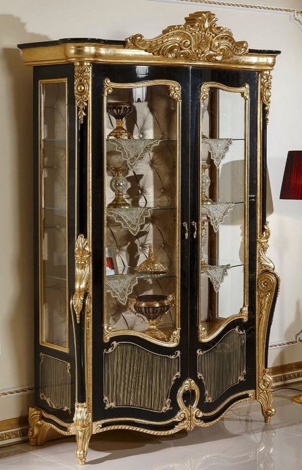 Casa Padrino Vitrine Luxus Barock Vitrine Schwarz / Gold - Prunkvoller Massivholz Vitrinenschrank mit 2 Glastüren und 3 Glasregalen - Barock Möbel - Edel & Prunkvoll von Casa Padrino