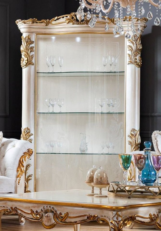 Casa Padrino Vitrine Luxus Barock Vitrine Weiß / Beige / Gold - Handgefertigter Massivholz Vitrinenschrank mit Glastür - Barock Möbel von Casa Padrino