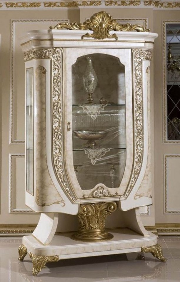 Casa Padrino Vitrine Luxus Barock Vitrine Weiß / Beige / Gold - Prunkvoller Massivholz Vitrinenschrank mit Glastür - Handgefertigte Barock Möbel - Edel & Prunkvoll von Casa Padrino