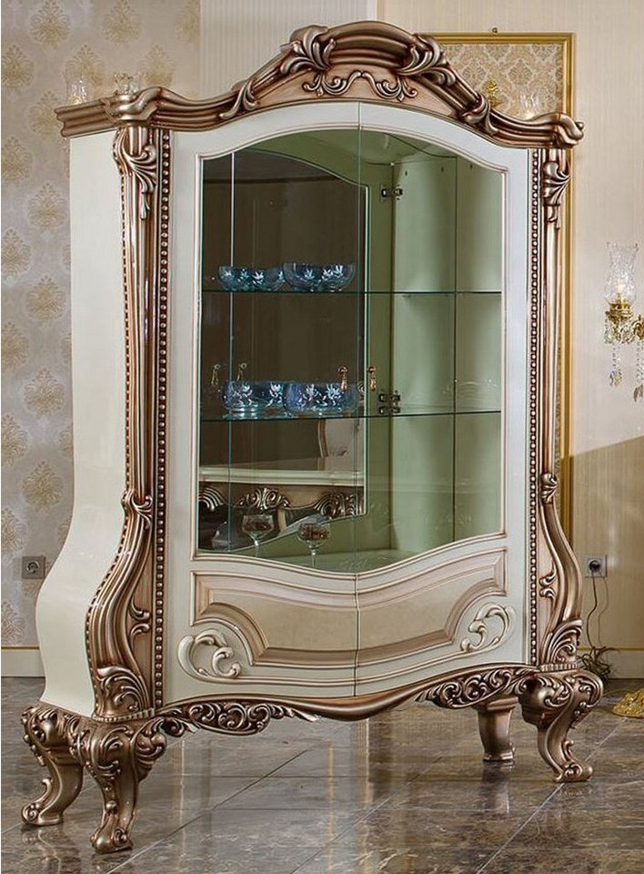 Casa Padrino Vitrine Luxus Barock Vitrine Weiß / Beige / Kupferfarben - Prunkvoller Massivholz Vitrinenschrank mit 2 Glastüren und 3 Glasregalen - Barock Möbel - Edel & Prunkvoll von Casa Padrino