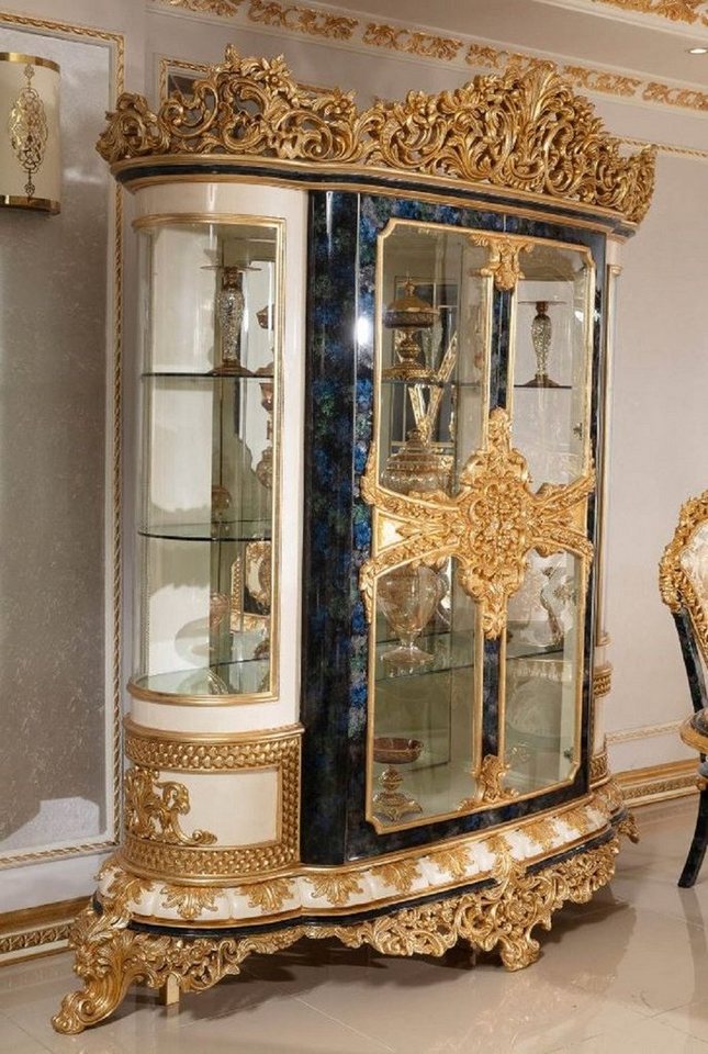 Casa Padrino Vitrine Luxus Barock Vitrine Weiß / Blau / Gold - Prunkvoller Massivholz Vitrinenschrank mit 2 Glastüren - Barock Möbel - Edel & Prunkvoll von Casa Padrino