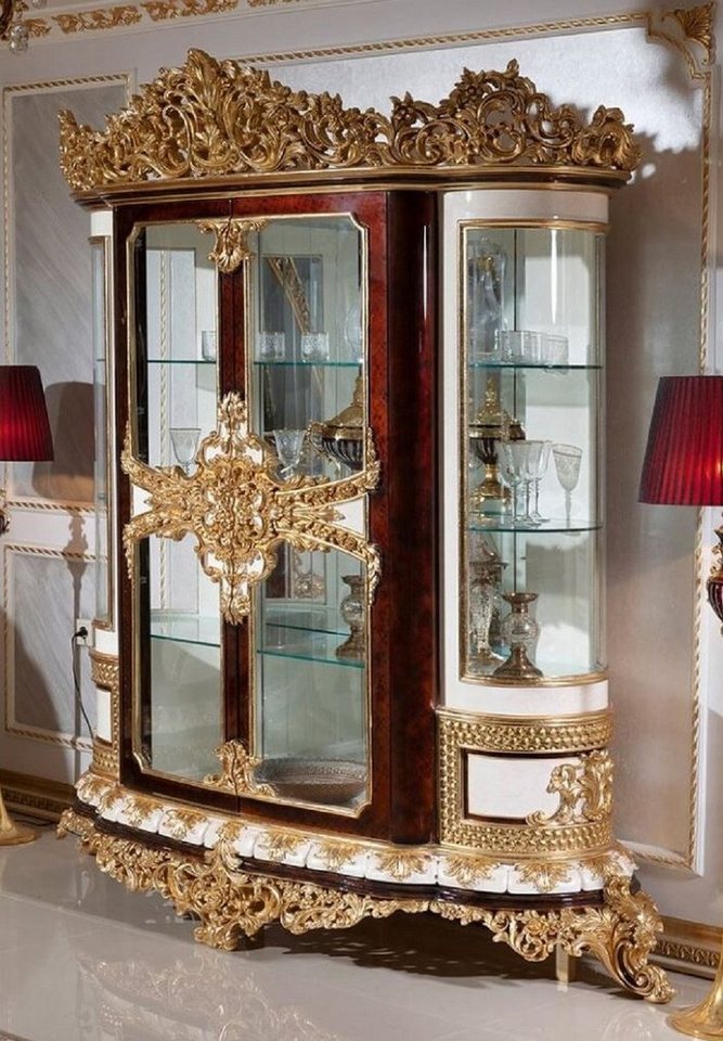 Casa Padrino Vitrine Luxus Barock Vitrine Weiß / Braun / Gold - Prunkvoller Massivholz Vitrinenschrank mit 2 Glastüren - Barock Möbel - Edel & Prunkvoll von Casa Padrino