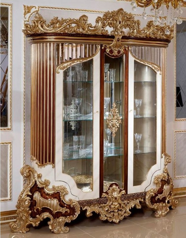 Casa Padrino Vitrine Luxus Barock Vitrine Weiß / Braun / Gold - Prunkvoller Massivholz Vitrinenschrank mit 2 Glastüren - Handgefertigte Barock Möbel - Edel & Prunkvoll von Casa Padrino