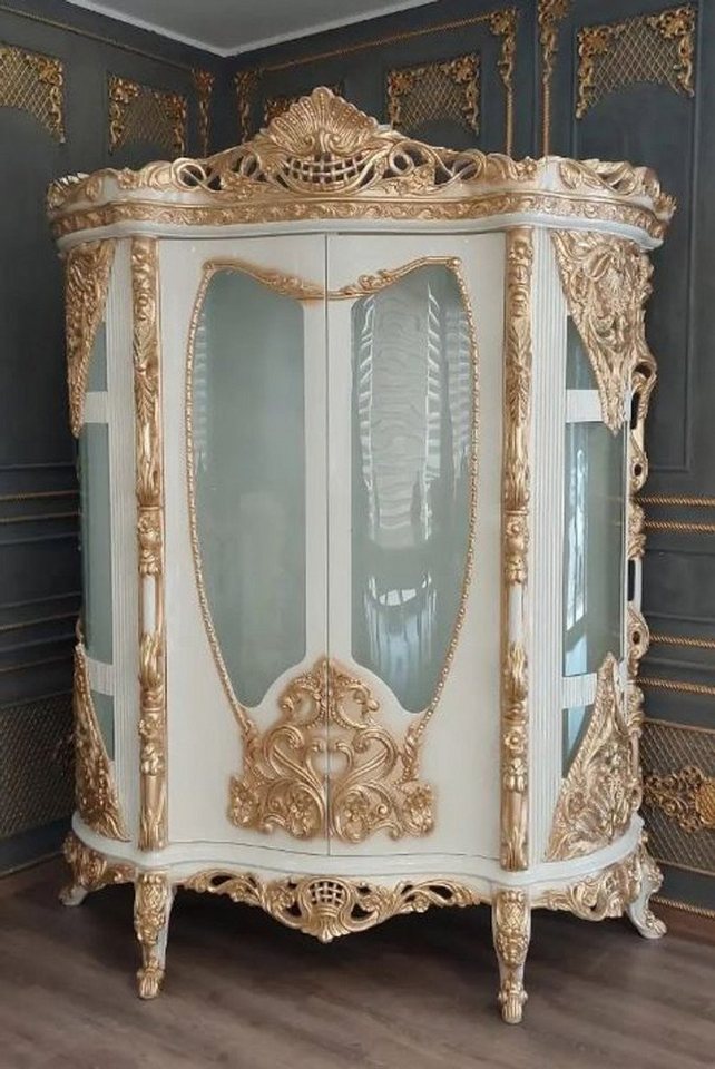 Casa Padrino Vitrine Luxus Barock Vitrine Weiß / Gold - Prunkvoller Massivholz Vitrinenschrank mit 2 Glastüren - Handgefertigte Barock Möbel von Casa Padrino