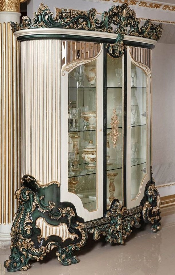 Casa Padrino Vitrine Luxus Barock Vitrine Weiß / Grün / Gold - Prunkvoller Massivholz Vitrinenschrank mit 2 Glastüren - Barock Möbel - Edel & Prunkvoll von Casa Padrino