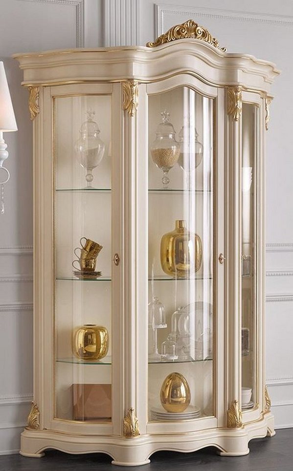 Casa Padrino Vitrine Luxus Barock Wohnzimmer Vitrine Creme / Gold 155 x 54 x H. 227 cm - Prunkvoller Barock Vitrinenschrank mit 3 Glastüren - Edle Barock Möbel von Casa Padrino