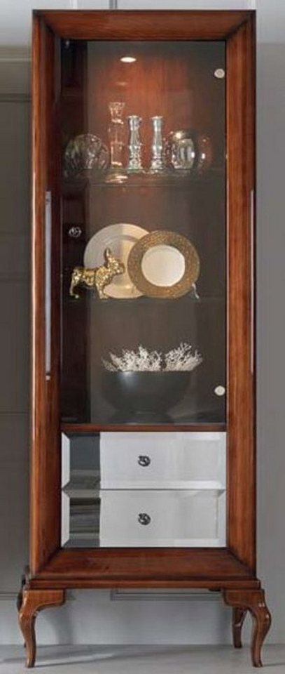 Casa Padrino Vitrine Luxus Neoklassik Vitrine Braun 76 x 42 x H. 200 cm - Vitrinenschrank mit Glastür und 2 verspiegelten Schubladen - Wohnzimmer Möbel von Casa Padrino