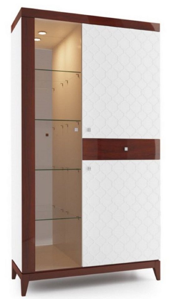 Casa Padrino Vitrine Luxus Vitrinenschrank Weiß / Hochglanz Braun 111,2 x 45 x H. 205 cm - Beleuchteter Wohnzimmerschrank mit 2 Türen und Schublade - Wohnzimmermöbel von Casa Padrino
