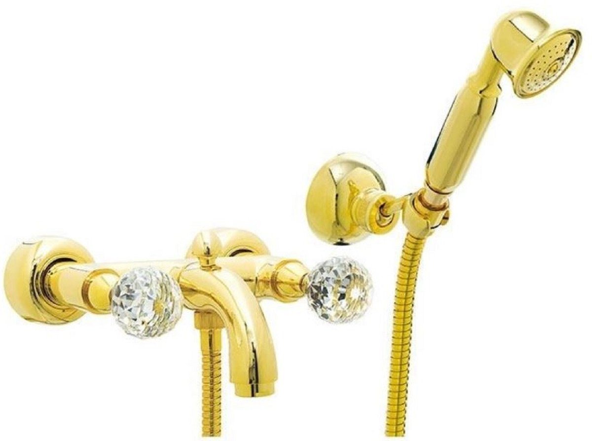 Casa Padrino Wannenarmatur Luxus Badewannen Armatur mit Handbrause und Schlauch Gold - Aufputz Wannenbatterie mit Swarovski Kristallglas - Luxus Bad Zubehör - Made in Italy von Casa Padrino