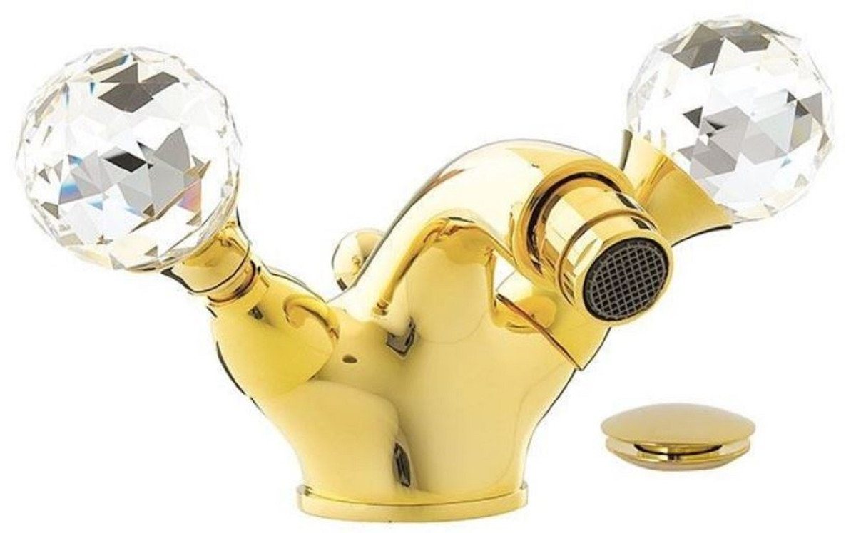 Casa Padrino Wannenarmatur Luxus Badewannen Armatur mit Swarovski Kristallglas Gold H. 7 cm - Einlochbatterie mit Ablaufgarnitur - Luxus Bad Zubehör - Made in Italy von Casa Padrino