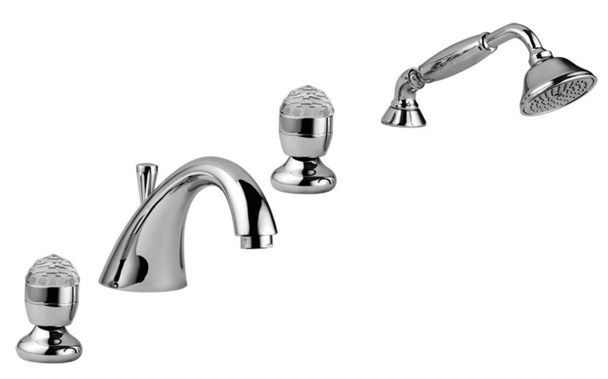 Casa Padrino Wannenarmatur Luxus Badewannen Armaturen Set 4-Loch Kombination Silber - Badezimmer Badewannenarmaturen mit Swarovski Kristallglas von Casa Padrino