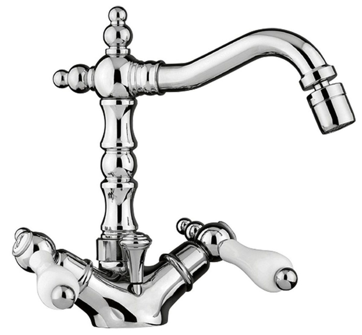 Casa Padrino Waschtischarmatur Jugendstil Retro Bidet-Einlochbatterie Badezimmer Waschtischarmatur Silber / Weiß H. 21 cm - Nostalgisches Bad Zubehör von Casa Padrino