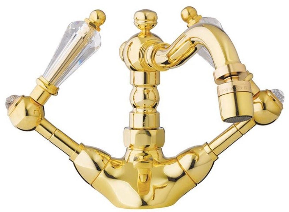 Casa Padrino Waschtischarmatur Luxus Jugendstil Waschtisch Armatur mit Swarovski Kristallglas Gold H. 14,5 cm - Nostalgisches Bad Zubehör - Luxus Qualität - Made in Italy von Casa Padrino