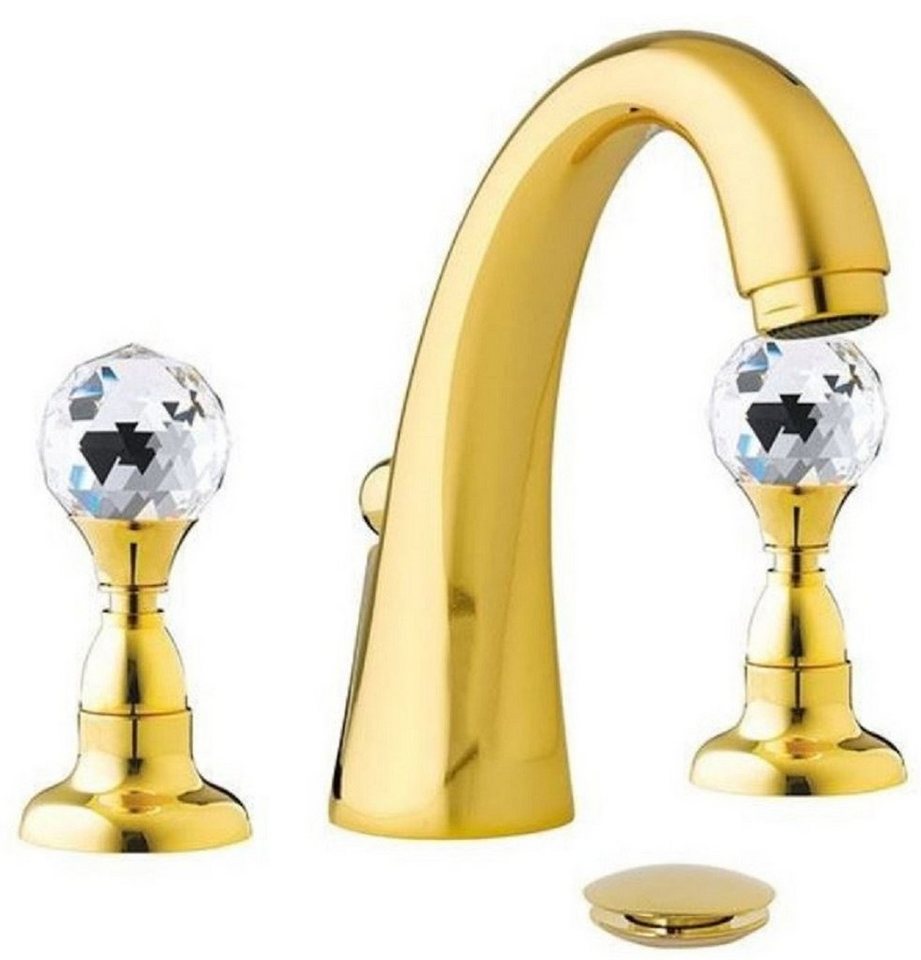 Casa Padrino Waschtischarmatur Luxus Waschtisch Armatur mit Swarovski Kristallglas Gold H. 15 cm - Dreilochbatterie mit Ablaufgarnitur - Luxus Bad Zubehör - Made in Italy von Casa Padrino
