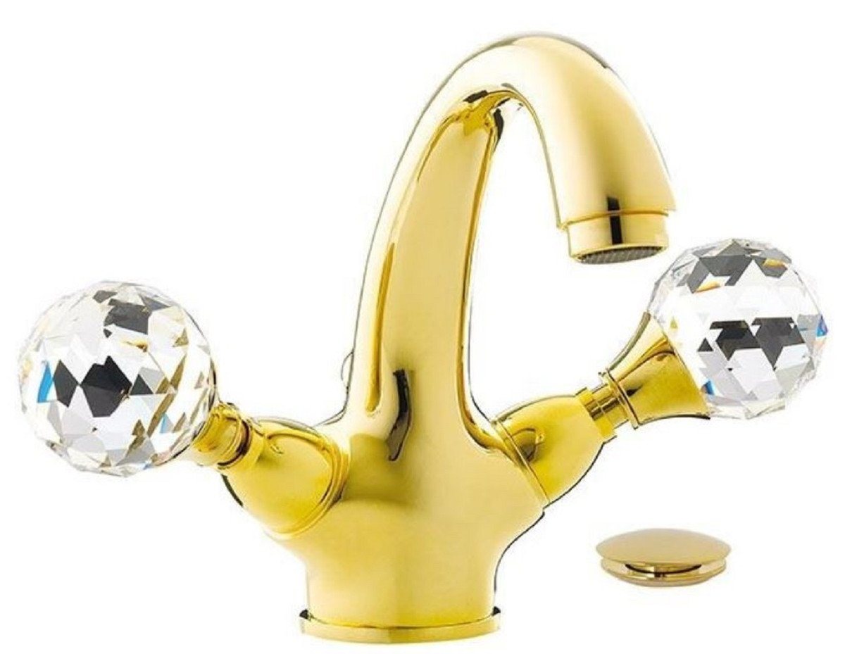 Casa Padrino Waschtischarmatur Luxus Waschtisch Armatur mit Swarovski Kristallglas Gold H. 15 cm - Einlochbatterie mit Ablaufgarnitur - Luxus Bad Zubehör - Made in Italy von Casa Padrino