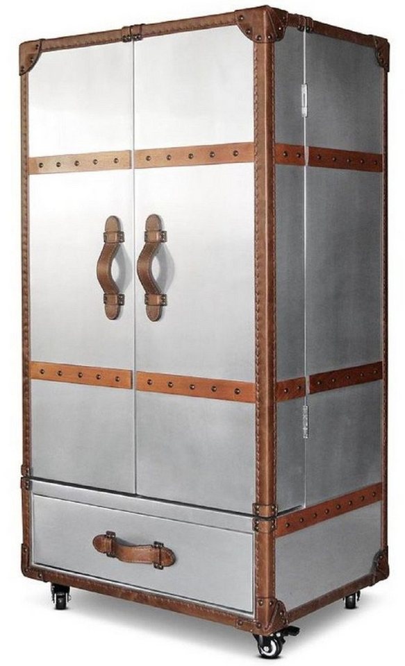 Casa Padrino Weinschrank Luxus Weinschrank Silber / Braun 63 x 52 x H. 130 cm - Aluminium Kofferschrank mit Echtleder - Barschrank im Koffer Design - Luxus Bar Möbel von Casa Padrino