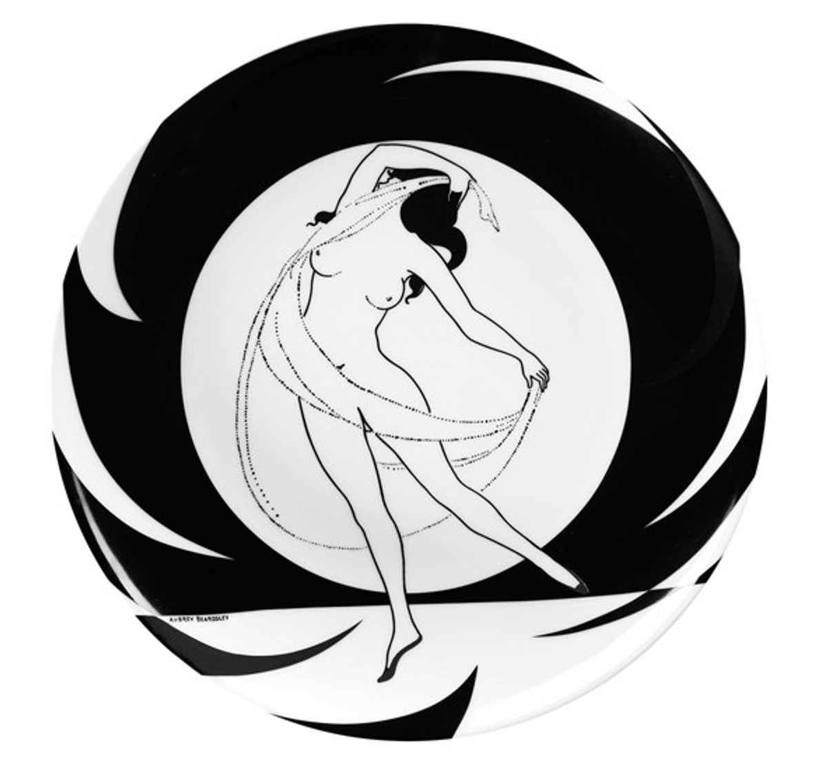 Handgearbeitete Schale aus Porzellan mit einem Motiv von Audrey Beardsley "Tanzende Frau mit Tuch", Durchmesser 30 cm - feinste QualitÃ¤t aus der Tettau Porzellanfabrik - wunderschÃ¶ne flache Schale von Casa Padrino