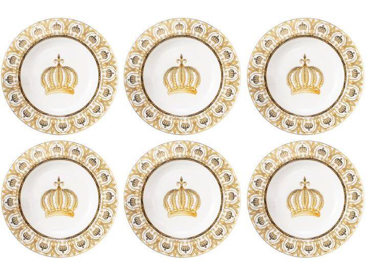 Harald Glööckler Pompöös Porzellan Suppenteller Set mit Krone Weiß / Gold Ø 22,3 x H. 3,7 cm - designed by Harald Glööckler von Casa Padrino