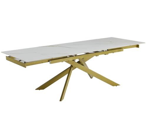 Casa Vital Aurum Ausziehbarer Esstisch, Keramikplatte in Hochweiß mit Kass Gold, 160–240 cm mit 2 Einlegeplatten, Metallgestell in Goldoptik, modernes Luxus-Mittelstück für das Esszimmer von Casa Vital