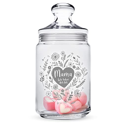 Bonbonglas mit Gravur für Mama, Vorratsglas für Süßigkeiten mit Blumenherz, Muttertagsgeschenk, Candy Bar Glasbehälter mit Deckel, Vintage Aufbewahrungsglas für die Küche, Geschenk für Frauen von Casa Vivente