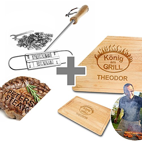 Casa Vivente 2er Set Grillprofi, Grill Brandeisen mit wechselbaren Buchstaben und Schneidebrett mit Gravur, König am Grill, Personalisiert mit Namen, Grillen Geschenk-Idee, Männergeschenke von Casa Vivente