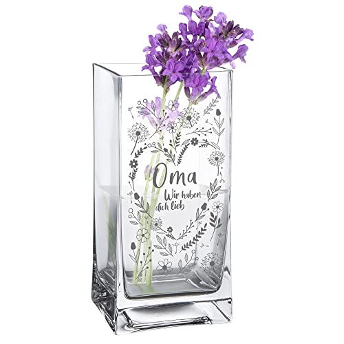 Blumenvase für Oma, Vase mit Gravur, Geschenk , Eckige Glasvase für Blumen, Blumenherz Deko , Moderne Tulpenvase, Glas Tischdeko, Geburtstagsgeschenk, Schmale Tischvase mit hohem Rand von Casa Vivente