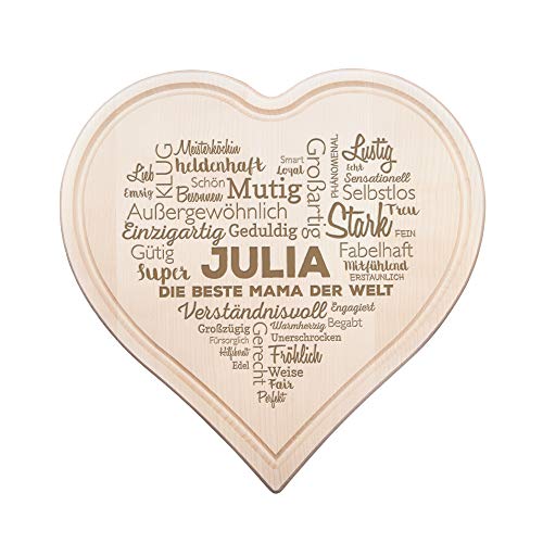 Casa Vivente Brotzeitbrett aus hellem Holz in Herzform mit Gravur Wortherz für Mama Personalisiert mit Name, Schneidebrett zum Muttertag, Geschenkideen für Frauen von Casa Vivente