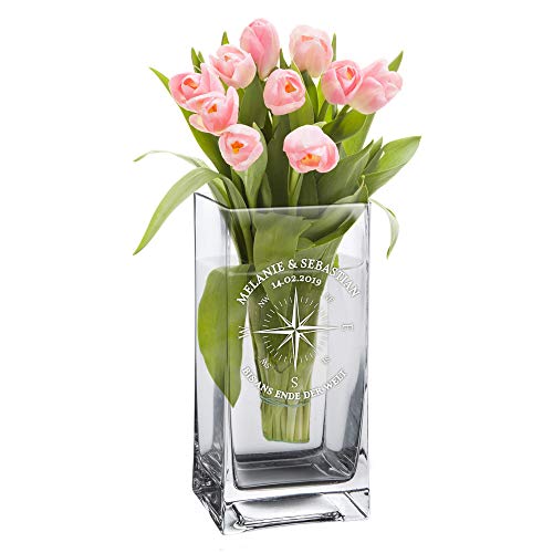 Casa Vivente Eckige Blumenvase mit Gravur zur Hochzeit, Kompass Liebe, Personalisiert mit Namen und Datum, Hochzeitsgeschenke für Brautpaar von Casa Vivente