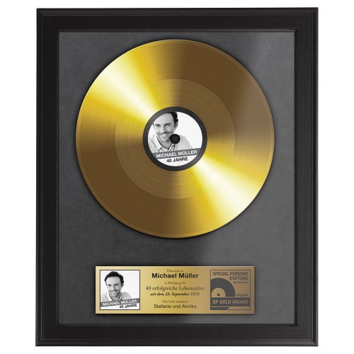 Casa Vivente Goldene Schallplatte, Foto-Druck, Personalisiert mit Namen, Datum und Foto, Wanddeko, Inklusive dunklem Bilderrahmen Casa Vivente Goldene Schallplatte, Foto-Druck, Personalisiert mit Namen, Datum und Foto, Wanddeko, Inklusive dunklem Bilderrahmen von Casa Vivente