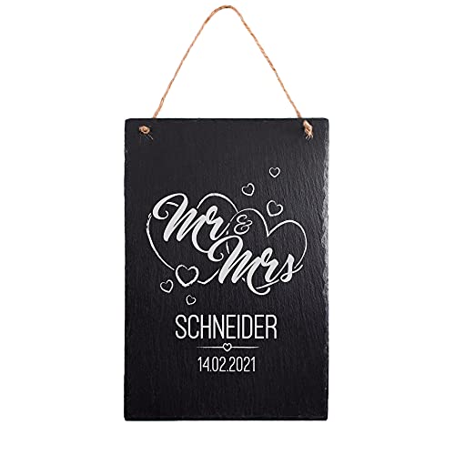 Casa Vivente Große Schiefertafel mit Juteband, Personalisierte Gravur mit Namen und Datum, Mr & Mrs, Türschild und Wand-Deko, Geschenkidee zur Hochzeit, 30 x 20 cm von Casa Vivente