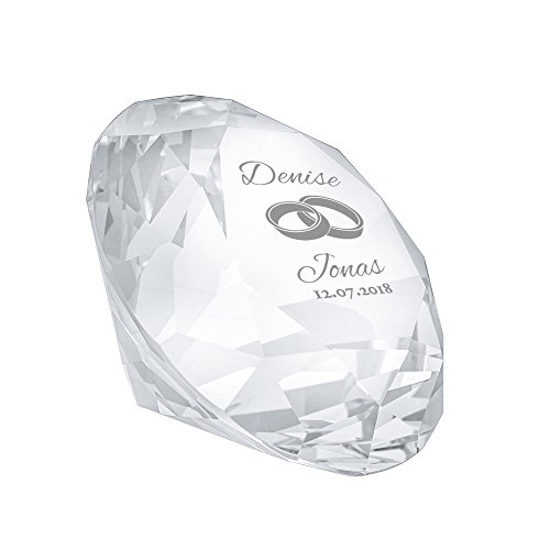Casa Vivente Kristall aus Glas mit Gravur zur Hochzeit, Diamantenform, Motiv Ringe, Personalisiert mit Namen und Datum, Deko, Mit Geschenkbox von Casa Vivente