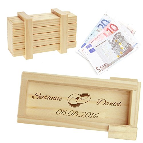 Casa Vivente Magische Geschenkbox aus hellem Holz mit Gravur zur Hochzeit – Motiv Ringe – Personalisiert mit Namen und Datum "– Knobelspiel Casa Vivente Magische Geschenkbox aus hellem Holz mit Gravur zur Hochzeit – Motiv Ringe – Personalisiert mit Namen und Datum "– Knobelspiel von Casa Vivente