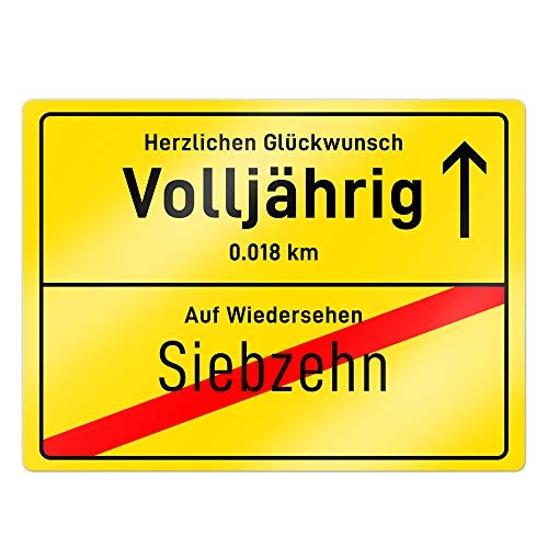 Casa Vivente Ortsschild mit Aufdruck zum 18. Geburtstag – Aluminium-Schild – Farbe: Gelb – Wand-Deko – Geschenkidee zur Volljährigkeit für Frauen und Männer – Maße: 20 x 26,5 cm von Casa Vivente