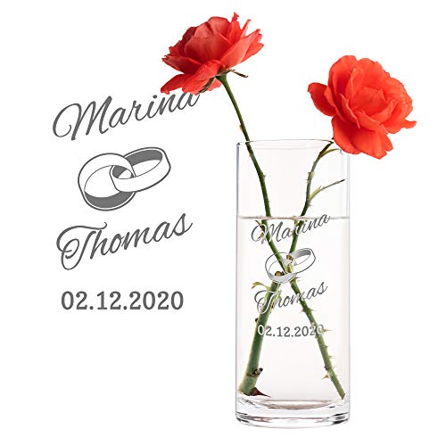 Casa Vivente Runde Blumenvase mit Gravur zur Hochzeit, Motiv Ringe, Personalisiert mit Namen und Datum, Hochzeitsgeschenke für Brautpaar von Casa Vivente