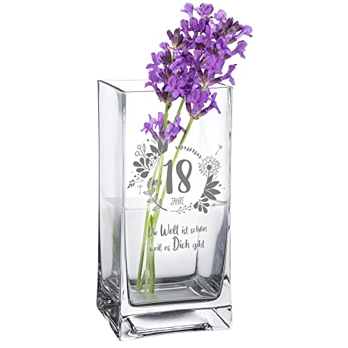 Casa Vivente Vase zum 18. Geburtstag mit süßer Gravur, Eckige Glasvase mit Alter und Spruch als Geburtstagsgeschenk für Frauen, Blumenvase für Moderne Deko von Casa Vivente