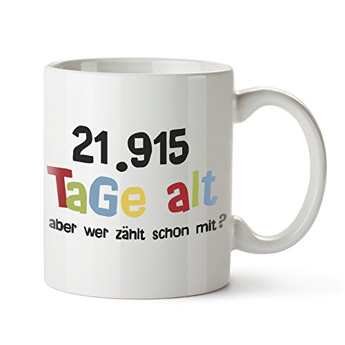 Casa Vivente Weiße Tasse mit Aufdruck zum 60. Geburtstag, Alter in Tagen, Kaffeebecher aus Keramik, Lustige Geschenkideen für Männer und Frauen, 300 ml von Casa Vivente