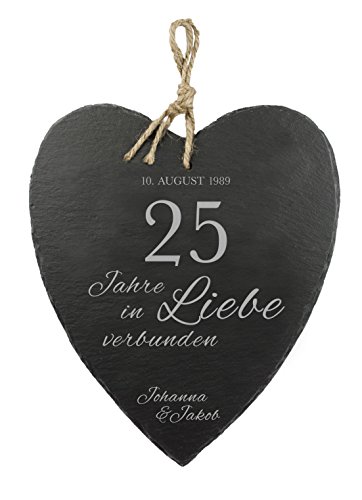 Großes Schieferherz mit schöner Gravur - Silberhochzeit - Personalisiert mit [Wunschnamen] und [Datum] [Motiv 25 Jahre IN Liebe VERBUNDEN] - 23 cm x 27 cm x 0,6 mm - mit Jute Band zum Aufhängen von Casa Vivente