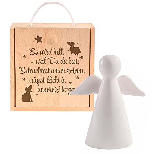 Casa Vivente Porzellan Schutzengel in Holzbox mit Gravur, Engel Taufgeschenk für Kinder, Engelfigur als Glücksbringer, Verpackung für Geldgeschenke zur Taufe, Geschenkideen für Babys von Casa Vivente