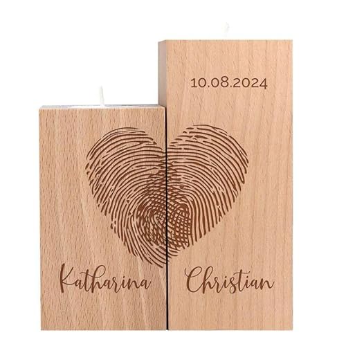 Teelichthalter Set zur Hochzeit, Personalisierter Kerzenhalter für Brautpaar, Holz Kerzenständer mit Fingerabdruck Gravur, Hochzeitsgeschenke, Deko Kerze, Windlichter Set, Hochzeitskerze, Windlicht von Casa Vivente
