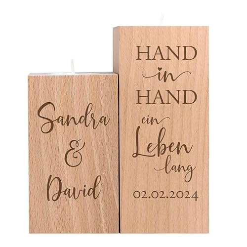 Teelichthalter Set zur Hochzeit, Personalisierter Kerzenhalter für Brautpaar, Holz Kerzenständer mit Spruch Gravur, Hochzeitsgeschenke, Deko Kerze, Windlichter Set, Hochzeitskerze, Kerzen Windlicht von Casa Vivente