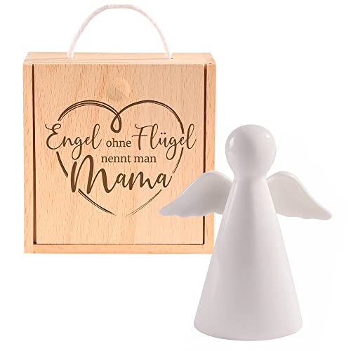 Casa Vivente Weißer Porzellan Schutzengel in Holzbox mit Gravur für Mama, Engelfigur als Glücksbringer, Deko Engel als Muttertagsgeschenk, Geburtstagsgeschenk für Mütter von Casa Vivente