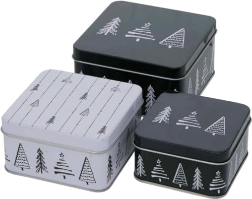 CasaJame 3er Set Metall Keksdose Plätzchendose eckig schwarz weiß Tannenbaum Weihnachtsbaum sortiert 9-12cm von CasaJame
