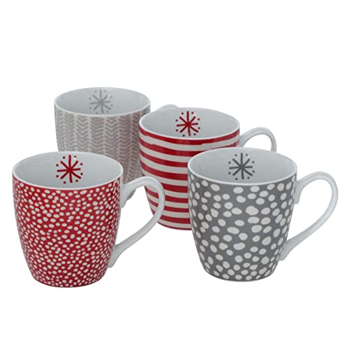4 Porzellan Tassen zu Weihnachten Henkelbecher gemustert rot weiß grau gestreift gepunktet sortiert H10cm D10cm 480ml von CasaJame